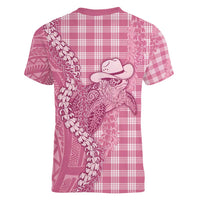 Pink Hawaii Palaka Cowboy Turtle Women V-Neck T-Shirt Hawaiian Paniolo Puakenikeni Maile Lei - Polynesian Pride