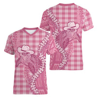 Pink Hawaii Palaka Cowboy Turtle Women V-Neck T-Shirt Hawaiian Paniolo Puakenikeni Maile Lei - Polynesian Pride