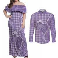 Purple Hawaii Palaka Cowboy Turtle Couples Matching Off Shoulder Maxi Dress and Long Sleeve Button Shirt Hawaiian Paniolo Puakenikeni Maile Lei - Polynesian Pride