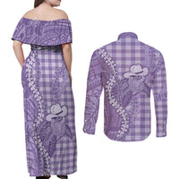 Purple Hawaii Palaka Cowboy Turtle Couples Matching Off Shoulder Maxi Dress and Long Sleeve Button Shirt Hawaiian Paniolo Puakenikeni Maile Lei - Polynesian Pride