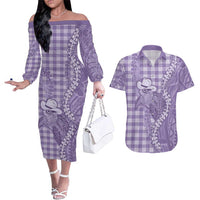 Purple Hawaii Palaka Cowboy Turtle Couples Matching Off The Shoulder Long Sleeve Dress and Hawaiian Shirt Hawaiian Paniolo Puakenikeni Maile Lei - Polynesian Pride