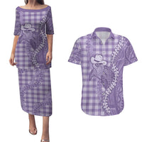 Purple Hawaii Palaka Cowboy Turtle Couples Matching Puletasi and Hawaiian Shirt Hawaiian Paniolo Puakenikeni Maile Lei - Polynesian Pride