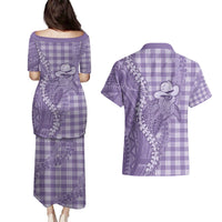 Purple Hawaii Palaka Cowboy Turtle Couples Matching Puletasi and Hawaiian Shirt Hawaiian Paniolo Puakenikeni Maile Lei - Polynesian Pride