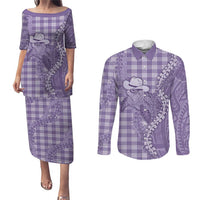 Purple Hawaii Palaka Cowboy Turtle Couples Matching Puletasi and Long Sleeve Button Shirt Hawaiian Paniolo Puakenikeni Maile Lei - Polynesian Pride