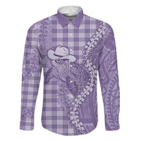 Purple Hawaii Palaka Cowboy Turtle Family Matching Off The Shoulder Long Sleeve Dress and Hawaiian Shirt Hawaiian Paniolo Puakenikeni Maile Lei - Polynesian Pride