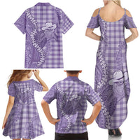 Purple Hawaii Palaka Cowboy Turtle Family Matching Summer Maxi Dress and Hawaiian Shirt Hawaiian Paniolo Puakenikeni Maile Lei - Polynesian Pride