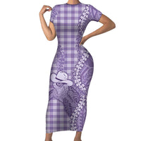 Purple Hawaii Palaka Cowboy Turtle Short Sleeve Bodycon Dress Hawaiian Paniolo Puakenikeni Maile Lei DT05 Long Dress Purple - Polynesian Pride