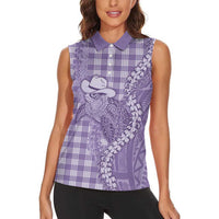 Purple Hawaii Palaka Cowboy Turtle Women Sleeveless Polo Shirt Hawaiian Paniolo Puakenikeni Maile Lei - Polynesian Pride