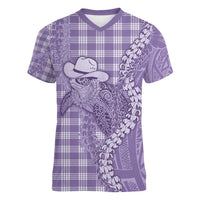 Purple Hawaii Palaka Cowboy Turtle Women V-Neck T-Shirt Hawaiian Paniolo Puakenikeni Maile Lei - Polynesian Pride