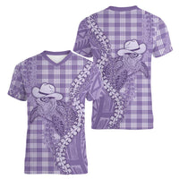 Purple Hawaii Palaka Cowboy Turtle Women V-Neck T-Shirt Hawaiian Paniolo Puakenikeni Maile Lei - Polynesian Pride