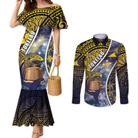 Personalised Tokelau Couples Matching Mermaid Dress and Long Sleeve Button Shirt National Badge Waves Style