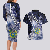 Personalised Pitcairn Islands Couples Matching Long Sleeve Bodycon Dress and Hawaiian Shirt Coat Of Arms Waves Style