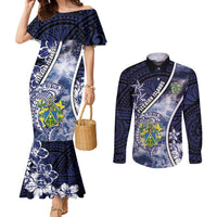 Personalised Pitcairn Islands Couples Matching Mermaid Dress and Long Sleeve Button Shirt Coat Of Arms Waves Style