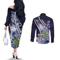 Personalised Pitcairn Islands Couples Matching Off The Shoulder Long Sleeve Dress and Long Sleeve Button Shirt Coat Of Arms Waves Style