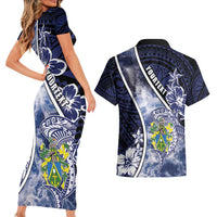Personalised Pitcairn Islands Couples Matching Short Sleeve Bodycon Dress and Hawaiian Shirt Coat Of Arms Waves Style