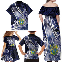 Personalised Pitcairn Islands Family Matching Off Shoulder Maxi Dress and Hawaiian Shirt Coat Of Arms Waves Style