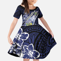 Personalised Pitcairn Islands Kid Short Sleeve Dress Coat Of Arms Waves Style DT05 KID Navy - Polynesian Pride
