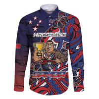 Personalised Samoa Wrestling Family Matching Off Shoulder Short Dress and Hawaiian Shirt Polynesian Warrior Funny Style DT05 Dad's Shirt - Long Sleeve Navy - Polynesian Pride