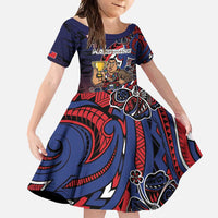 Personalised Samoa Wrestling Family Matching Short Sleeve Bodycon Dress and Hawaiian Shirt Polynesian Warrior Funny Style DT05 Daughter's Dress Navy - Polynesian Pride