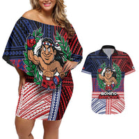 Personalised Samoa Boxing Couples Matching Off Shoulder Short Dress and Hawaiian Shirt Samoan Boxer Funny Style DT05 Red - Polynesian Pride