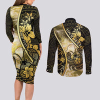 Personalised Niue Couples Matching Long Sleeve Bodycon Dress and Long Sleeve Button Shirt Niuean Crab Waves Style