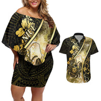 Personalised Niue Couples Matching Off Shoulder Short Dress and Hawaiian Shirt Niuean Crab Waves Style