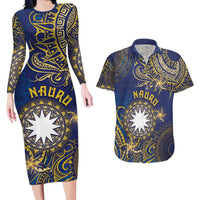 Personalised Nauru Couples Matching Long Sleeve Bodycon Dress and Hawaiian Shirt Hibiscus Polynesian Tribal Pattern