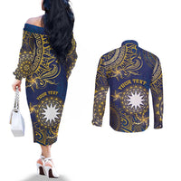 Personalised Nauru Couples Matching Off The Shoulder Long Sleeve Dress and Long Sleeve Button Shirt Hibiscus Polynesian Tribal Pattern