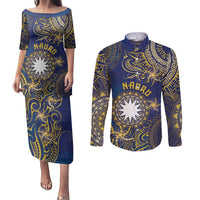 Personalised Nauru Couples Matching Puletasi and Long Sleeve Button Shirt Hibiscus Polynesian Tribal Pattern