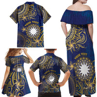 Personalised Nauru Family Matching Off Shoulder Maxi Dress and Hawaiian Shirt Hibiscus Polynesian Tribal Pattern