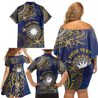Personalised Nauru Family Matching Off Shoulder Short Dress and Hawaiian Shirt Hibiscus Polynesian Tribal Pattern