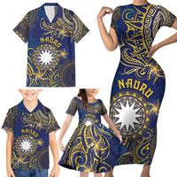 Personalised Nauru Family Matching Short Sleeve Bodycon Dress and Hawaiian Shirt Hibiscus Polynesian Tribal Pattern