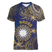 Personalised Nauru Women V-Neck T-Shirt Hibiscus Polynesian Tribal Pattern