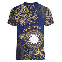 Personalised Nauru Women V-Neck T-Shirt Hibiscus Polynesian Tribal Pattern