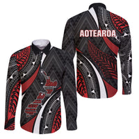 Aotearoa New Zealand Native Birds Map Family Matching Long Sleeve Bodycon Dress and Hawaiian Shirt Silver Fern Tribal Pattern DT05 Dad's Shirt - Long Sleeve Red - Polynesian Pride