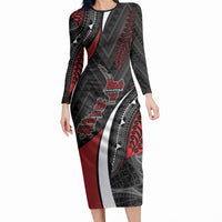 Aotearoa New Zealand Native Birds Map Long Sleeve Bodycon Dress Silver Fern Tribal Pattern DT05 Long Dress Red - Polynesian Pride