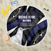 Personalised New Zealand Kiwi Beach Blanket Silver Fern Tribal Pattern DT05 One Size 150cm Navy - Polynesian Pride