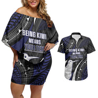 Personalised New Zealand Kiwi Couples Matching Off Shoulder Short Dress and Hawaiian Shirt Silver Fern Tribal Pattern DT05 Navy - Polynesian Pride