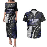 Personalised New Zealand Kiwi Couples Matching Puletasi and Hawaiian Shirt Silver Fern Tribal Pattern DT05 Navy - Polynesian Pride