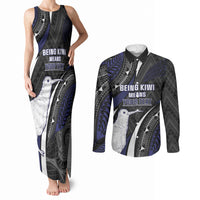 Personalised New Zealand Kiwi Couples Matching Tank Maxi Dress and Long Sleeve Button Shirt Silver Fern Tribal Pattern DT05 Navy - Polynesian Pride
