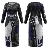 Personalised New Zealand Kiwi Family Matching Long Sleeve Bodycon Dress and Hawaiian Shirt Silver Fern Tribal Pattern DT05 Mom's Dress Navy - Polynesian Pride