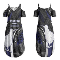 Personalised New Zealand Kiwi Family Matching Summer Maxi Dress and Hawaiian Shirt Silver Fern Tribal Pattern DT05 Mom's Dress Navy - Polynesian Pride