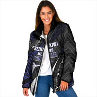 Personalised New Zealand Kiwi Padded Jacket Silver Fern Tribal Pattern DT05 Women Navy - Polynesian Pride
