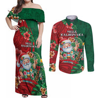 Hawaii Christmas Couples Matching Off Shoulder Maxi Dress and Long Sleeve Button Shirt Mele Kalikimaka Funny Hawaiian Santa - Polynesian Pride