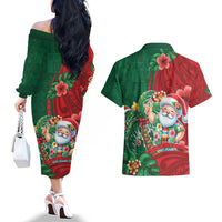 Hawaii Christmas Couples Matching Off The Shoulder Long Sleeve Dress and Hawaiian Shirt Mele Kalikimaka Funny Hawaiian Santa - Polynesian Pride