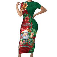 Hawaii Christmas Short Sleeve Bodycon Dress Mele Kalikimaka Funny Hawaiian Santa - Polynesian Pride