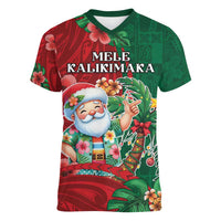 Hawaii Christmas Women V-Neck T-Shirt Mele Kalikimaka Funny Hawaiian Santa - Polynesian Pride