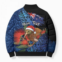 Personalised New Zealand Christmas Bomber Puffer Jacket Santa Kiwi Bird With Pohutukawa Flowers - Polynesian Pride