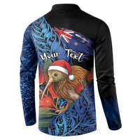 Personalised New Zealand Christmas Button Sweatshirt Santa Kiwi Bird With Pohutukawa Flowers - Polynesian Pride
