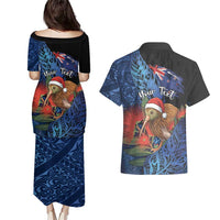 Personalised New Zealand Christmas Couples Matching Puletasi and Hawaiian Shirt Santa Kiwi Bird With Pohutukawa Flowers - Polynesian Pride